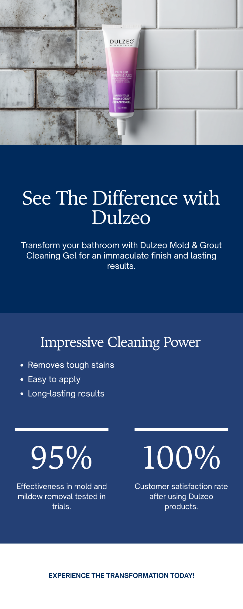 Dulzeo Mold & Grout Cleaning Gel before and after, white tube